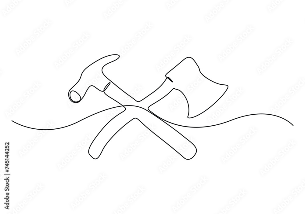 Vetor de Continuous single line drawing of lumberjack axe with hammer ...