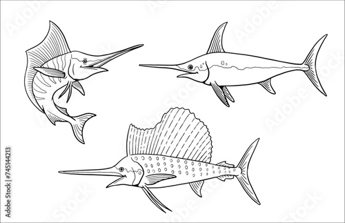 Set of different swordfish to color in. Vector template for a coloring book with fish. Coloring template for kids.	