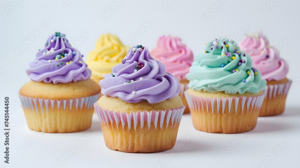 Close-up view of assorted Easter cupcakes with colorful icing, captured in stunning detail against a solid white backdrop