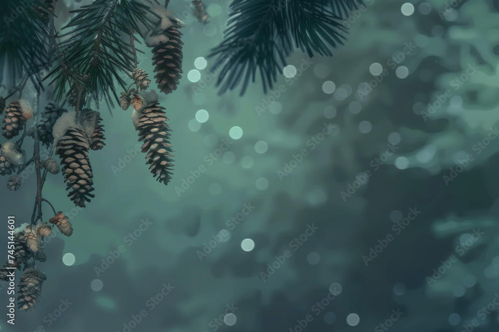 Holiday Pine Cone Bokeh on Green with Stylish Gray and Blue Tones