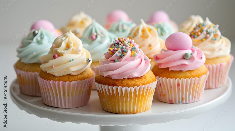 Easter cupcakes adorned with spring-themed decorations and edible glitter, elegantly arranged on a cake stand, white background