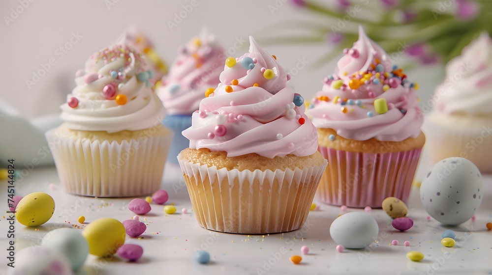 Easter cupcakes topped with vibrant icing and assorted spring-themed sprinkles, captured in high definition against a white backdrop