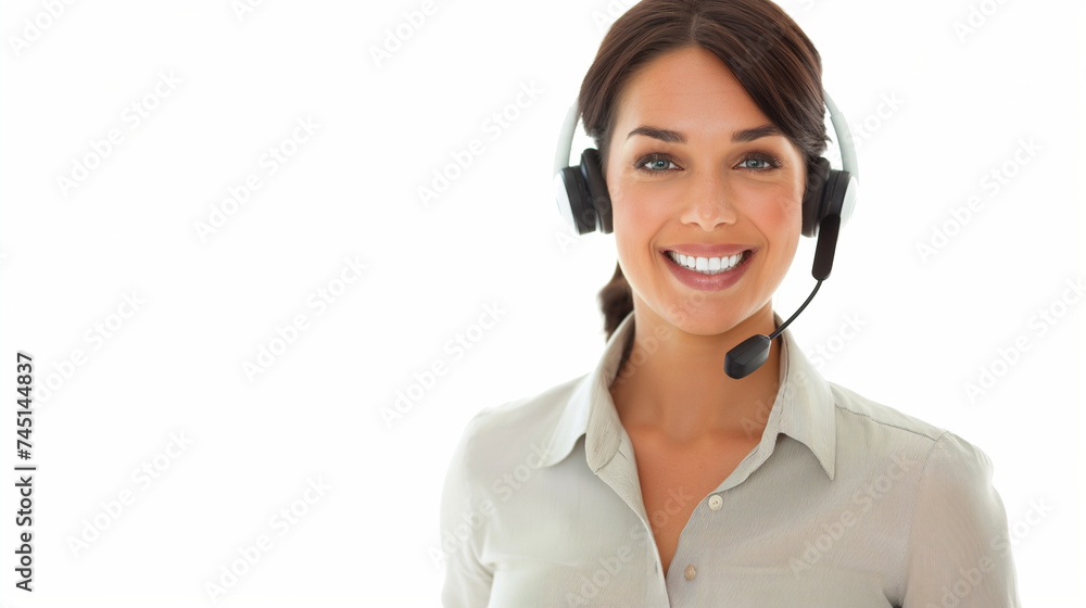 Happy smiling cheerful support phone operator in headset, isolated on white background. Call center. Happy smiling cheerful support phone operator in headset, isolated on white background. Call center.