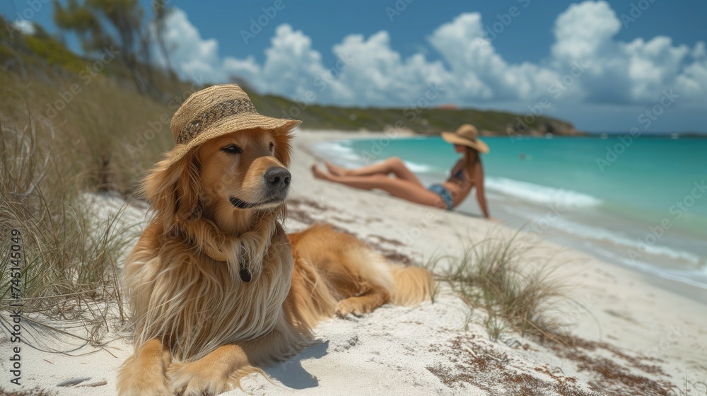 Pies leżący na piaszczystej plaży obok oceanu w stylowym kapeluszu przeciw słonecznym. W tle jego pani - obrazy, fototapety, plakaty 