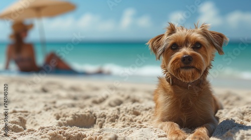 Mały brązowy pies na piasku plaży. W tle jego właścicielka pod parasolem