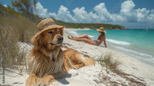 Pies leżący na piaszczystej plaży obok oceanu w stylowym kapeluszu przeciw słonecznym. W tle jego pani #745145049