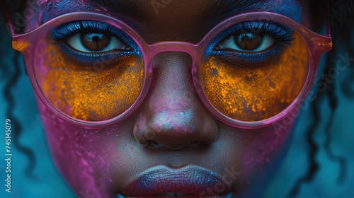 Fotografia przedstawia bliskie zbliżenie kobiety z cyberpunkowym makijażem na twarzy i stylowych okularach
