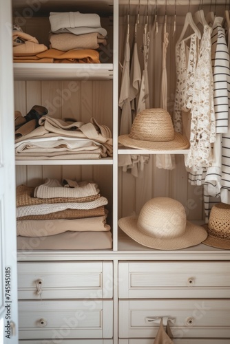 A neatly arranged closet showcasing a selection of seasonal clothing and accessories..
