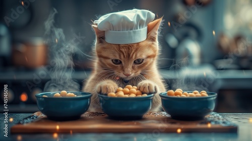 Kot kucharz przygotowuje jedzenie w trzech miskach w kuchni #745145098