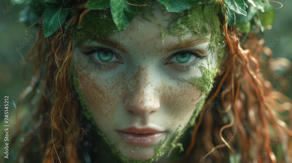 Kobieta z zielonymi liśćmi na głowie - obrazy, fototapety, plakaty 