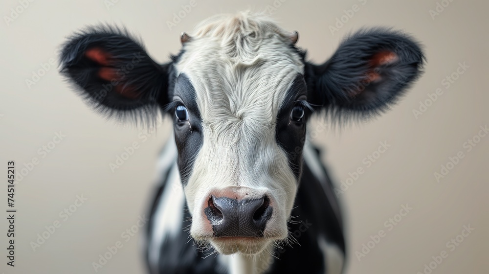Czarno-biała krowa w zbliżeniu. Widok z przodu. Zbliżenie na twarz - obrazy, fototapety, plakaty 