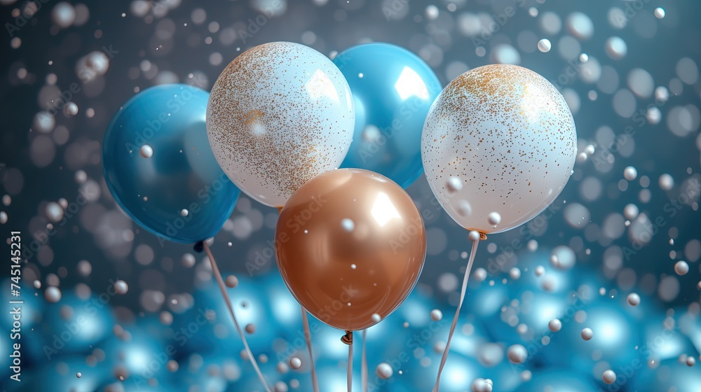 Zdjęcie urodzinowych balonów unoszących się w powietrzu z białymi kulkami i niebieskimi balonami w tle - obrazy, fototapety, plakaty 