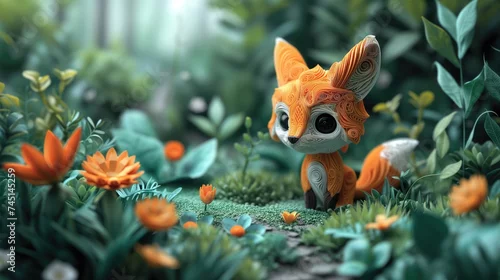 Obraz Mały lis w polu kwiatów zrobiony z papieru