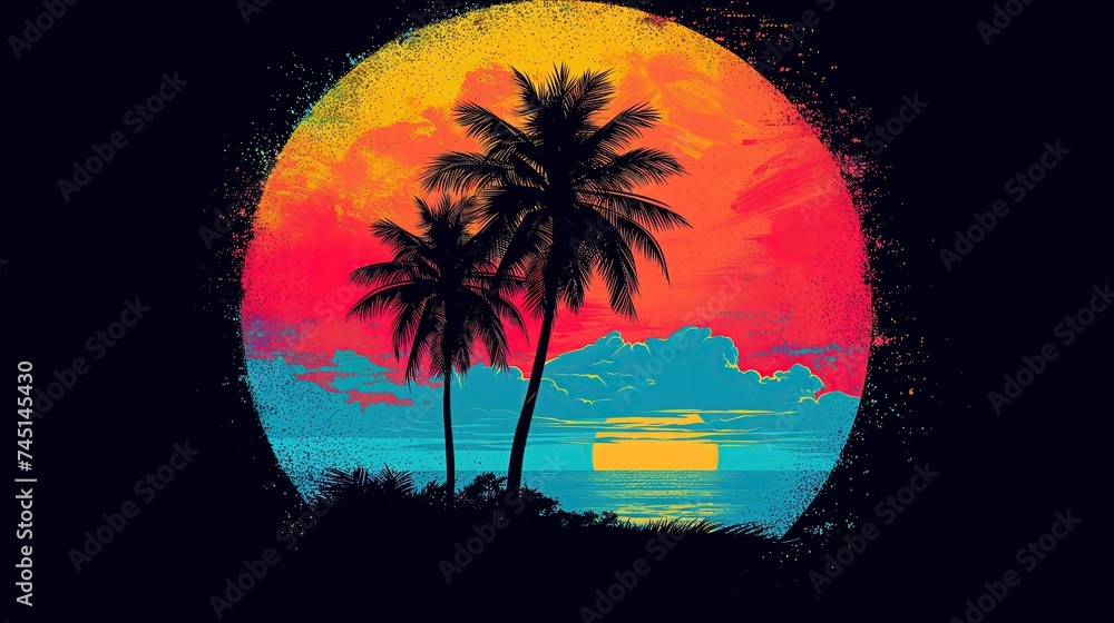 Projekt na koszulkę z tłem retro o zachodzie słońca i palmami - obrazy, fototapety, plakaty 