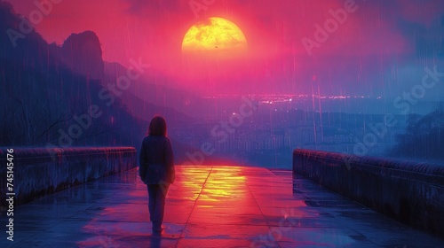 Spacerująca osoba podczas deszczu i różowego nieba