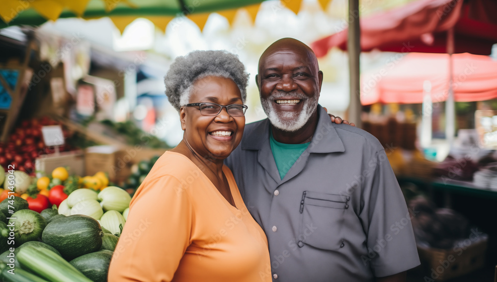 A cheerful African American senior couple navigate a bustling farmer's market, as they explore the delights of sustainable and healthy living in retirement. A cheerful African American senior couple navigate a bustling farmer's market, as they explore the delights of sustainable and healthy living in retirement.