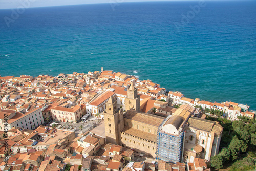 Landscape of Cefalu from the rock and the ruins of castle