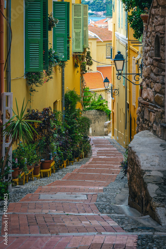 Narrow street with stairs and green ornamental plants, Menton, France