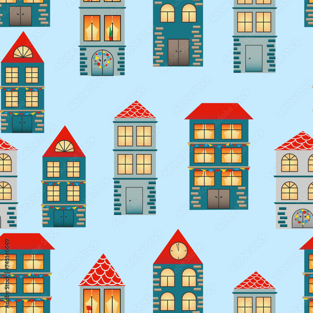 Seamless pattern with hand drawn  city. Many cute different houses with red roof on blue background. Design for fabric, packaging paper, cover, banner, poster.