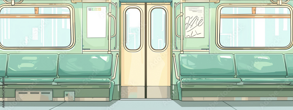 Translucent Window Train subway train interior with sage green seats and baby blue glass window ...