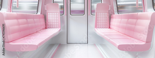 Train. White and baby pink tiled metro interior car seat metro interior, in the style of photo-realistic landscapes, drawing machines, double lines, opaque resin panels, kombuchapunk, ad posters. photo