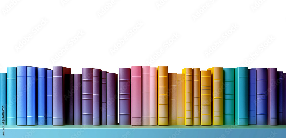 set of colorful books on a shelf. Isolated transparent premium pen tool cutout PNG background. set of colorful books on a shelf. Isolated transparent premium pen tool cutout PNG background.
