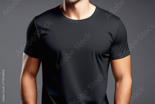 Front view of man wearing blank black t-shirt, on light gray background. Design mockup template
