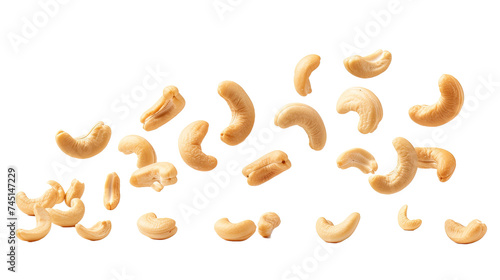 Falling cashew nuts on white or transparent background