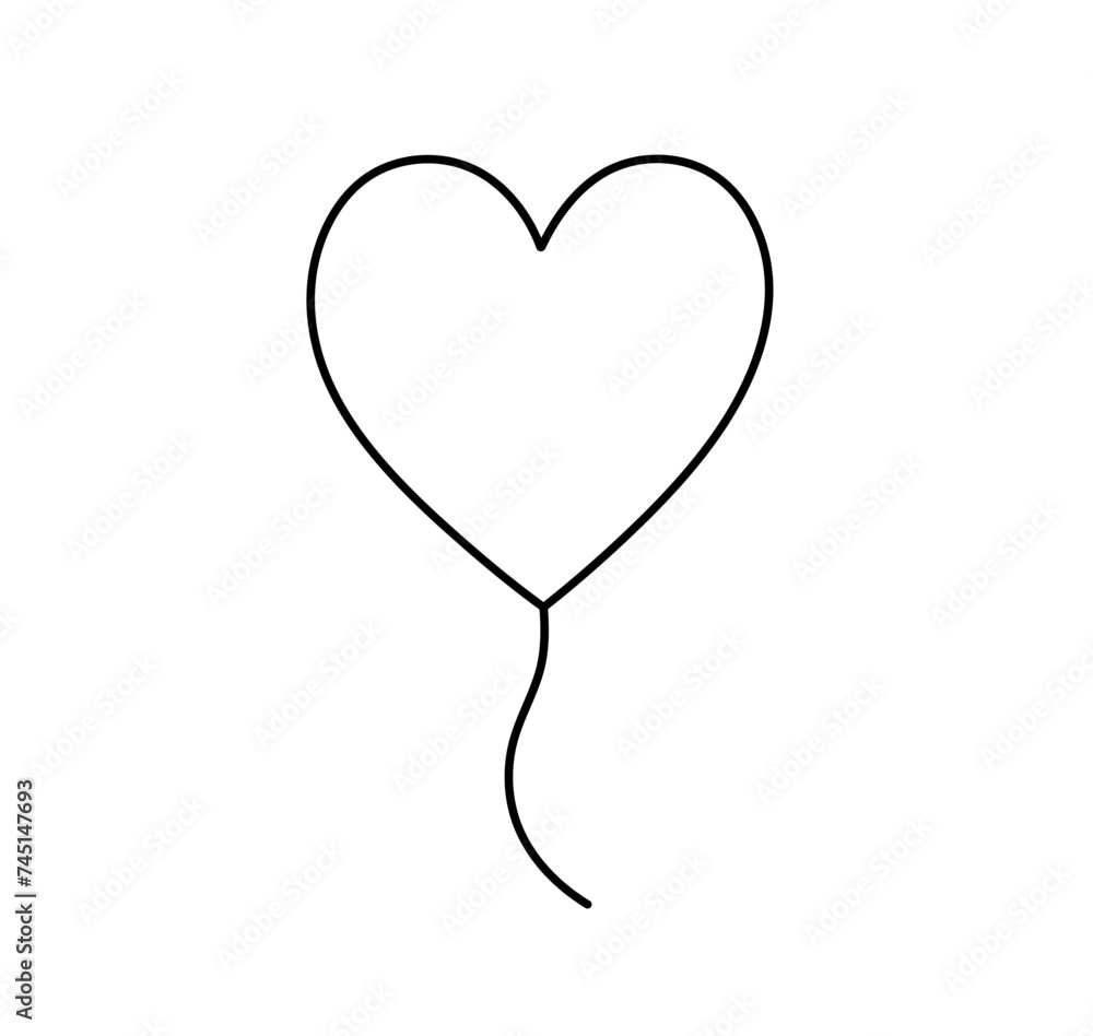 Vector isolated one single simple heart shaped balloon with thread colorless black and white contour line easy drawing