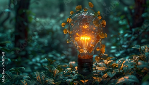 Eco friendly lightbulb from fresh leaves top vie, concept of Renewable Energy and Sustainable Living © Animager