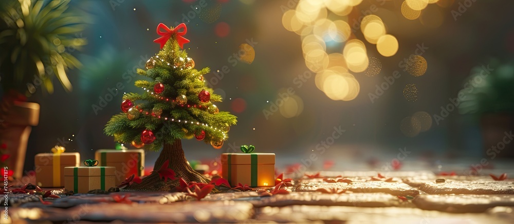 A small Christmas tree is surrounded by a variety of beautifully wrapped presents. The tree is adorned with colorful ornaments and twinkling lights, awaiting the joy of the holiday season.