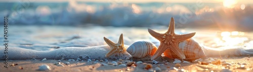 Seashore Serenity. Explore the tranquil beauty of the sandy beach, gentle waves of the sea meet the golden shores. Amongst the scattered shells and starfish