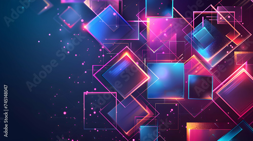 A mesmerizing abstract illustration featuring neon-colored geometric shapes and structures glowing in cyberspace against a dark background, captured in stunning high definition detail