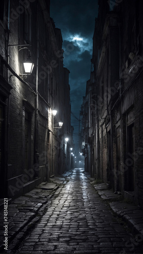 A dark narrow street in a moonlit anonymous city. AI generated illustration. © Bruce