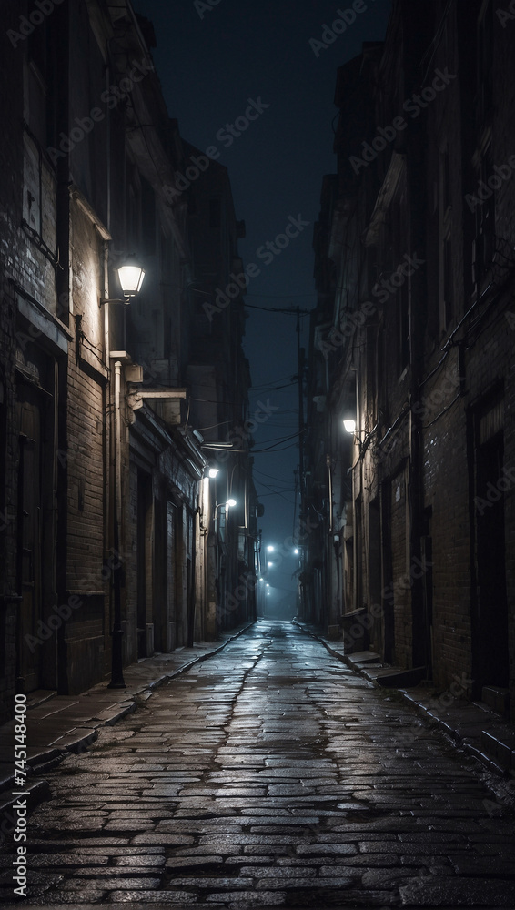 A dark narrow street in a moonlit anonymous city. AI generated illustration. A dark narrow street in a moonlit anonymous city. AI generated illustration.