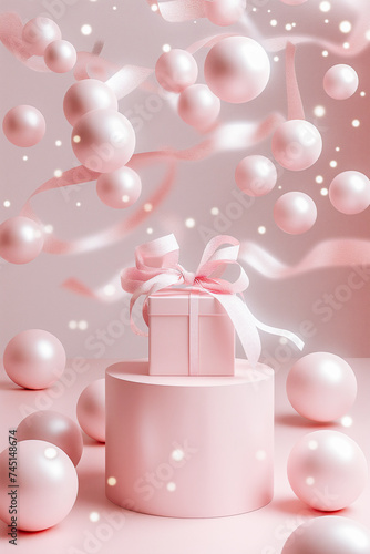 розовая подарочная коробка с лентой и много розовых шаров вокруг