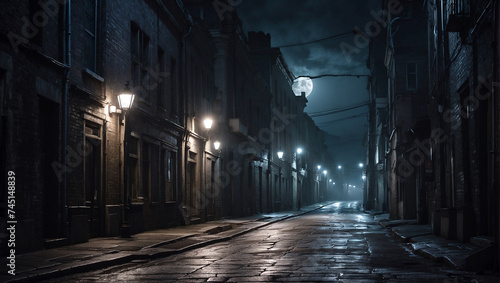 A dark narrow street in a moonlit anonymous city. AI generated illustration.