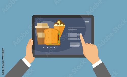 Vettore di un cliente che utilizza un'app mobile che ordina cibo online per la consegna a domicilio - illustrazioni  PIZZA FAST FOOD  delivery  photo
