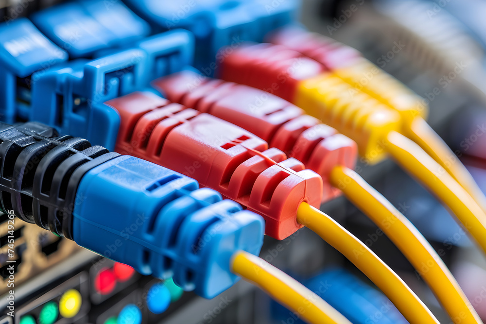 network equipment, switch hub and cables, blue lights, technology and it. computer magazine ad or website. ethernet adapter. internet server, LAN network equipment, switch hub and cables, blue lights, technology and it. computer magazine ad or website. ethernet adapter. internet server, LAN