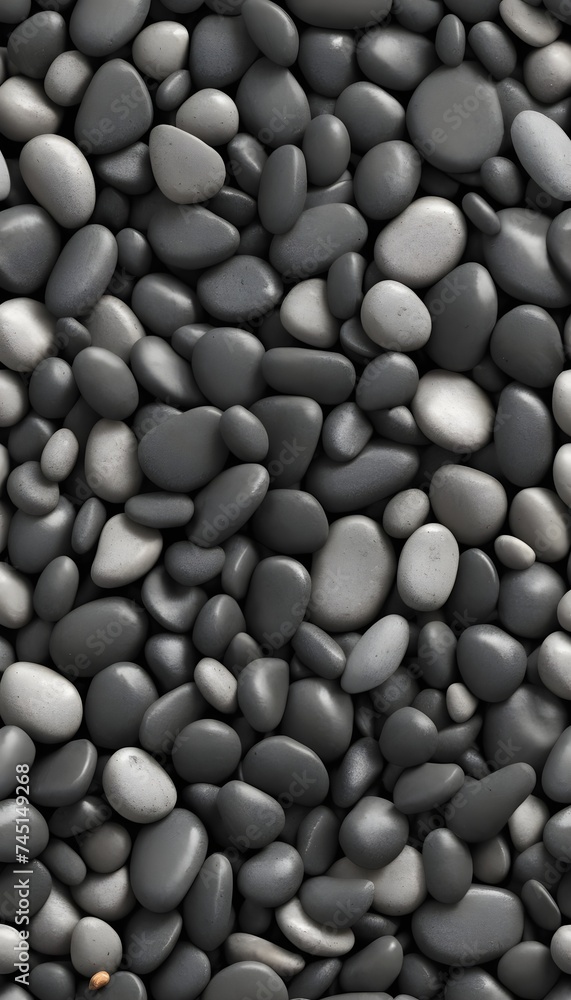 Seamless dark black pile of small stone pebbles background texture. Beautiful shiny zen gravel river rocks widescreen wallpaper repeat pattern. High resolution nature closeup abstract 3D rendering. Seamless dark black pile of small stone pebbles background texture. Beautiful shiny zen gravel river rocks widescreen wallpaper repeat pattern. High resolution nature closeup abstract 3D rendering.