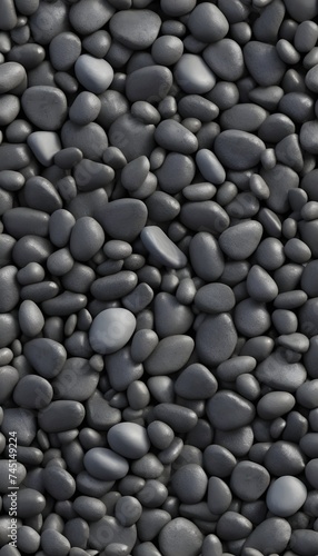 Seamless dark black pile of small stone pebbles background texture. Beautiful shiny zen gravel river rocks widescreen wallpaper repeat pattern. High resolution nature closeup abstract 3D rendering.