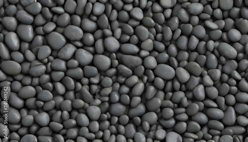 Seamless dark black pile of small stone pebbles background texture. Beautiful shiny zen gravel river rocks widescreen wallpaper repeat pattern. High resolution nature closeup abstract 3D rendering.