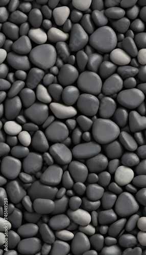Seamless dark black pile of small stone pebbles background texture. Beautiful shiny zen gravel river rocks widescreen wallpaper repeat pattern. High resolution nature closeup abstract 3D rendering.