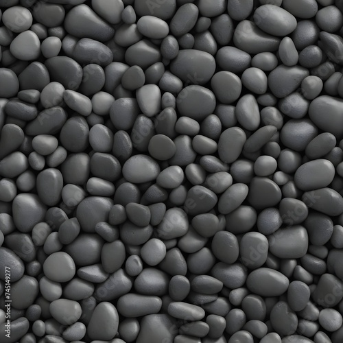 Seamless dark black pile of small stone pebbles background texture. Beautiful shiny zen gravel river rocks widescreen wallpaper repeat pattern. High resolution nature closeup abstract 3D rendering.