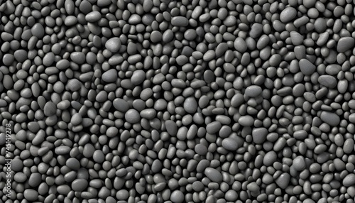 Seamless dark black pile of small stone pebbles background texture. Beautiful shiny zen gravel river rocks widescreen wallpaper repeat pattern. High resolution nature closeup abstract 3D rendering.