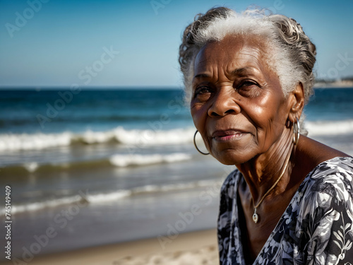 elderly black woman on the beach, portrait. Grandmother, vacation vacation vacation of old people themselves. © Anna