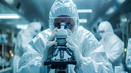 Industrial Engineer or Scientist Working  in Clean Sterile Coveralls Using a Microscope, Developing Advanced Solutions for High-Tech Medical Vaccine and Gene Research photo