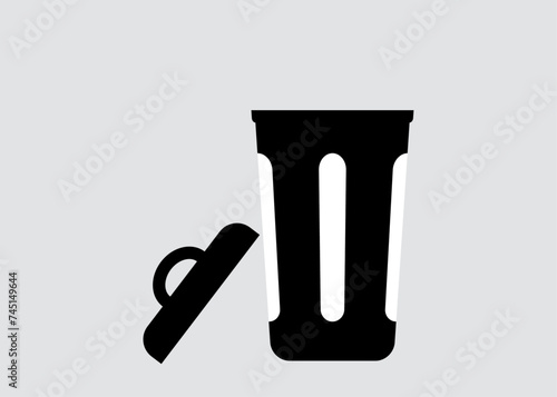 Trash can open a Black vector icon, garbage can, An open-lid black waste container. Vector flat design illustration isolated white background. Vertical layout.Images with Copy Space