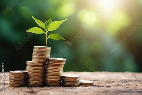 Conceptual image of coins and plant growth representing ESG sustainability. ESG Concept and Sustainable Growth