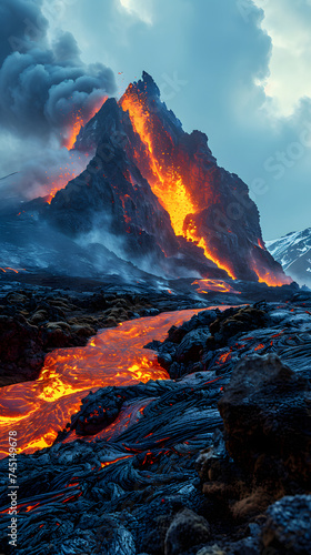 Close up of Volcano Eruption. Mountain Explodes with Flowing Magma. Fantasy Landscape